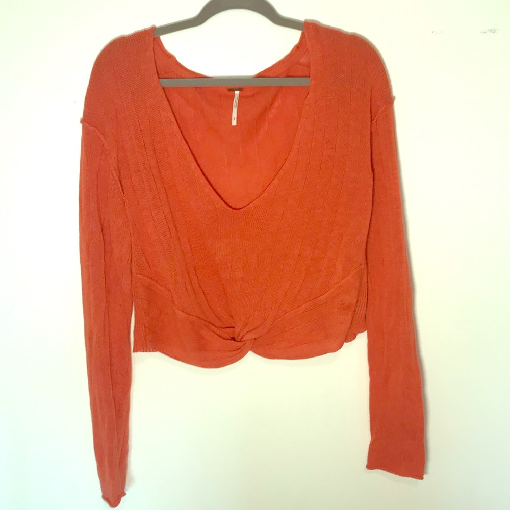 Free people orange knotted off shoulder Sweater